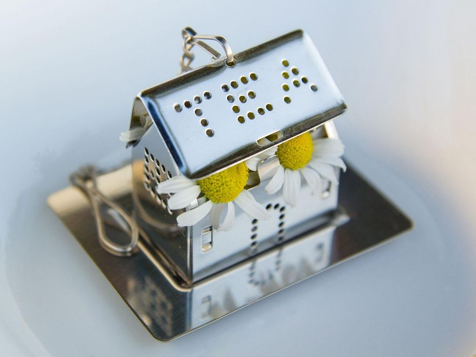 Photo of chamomile flowers in tea infuser