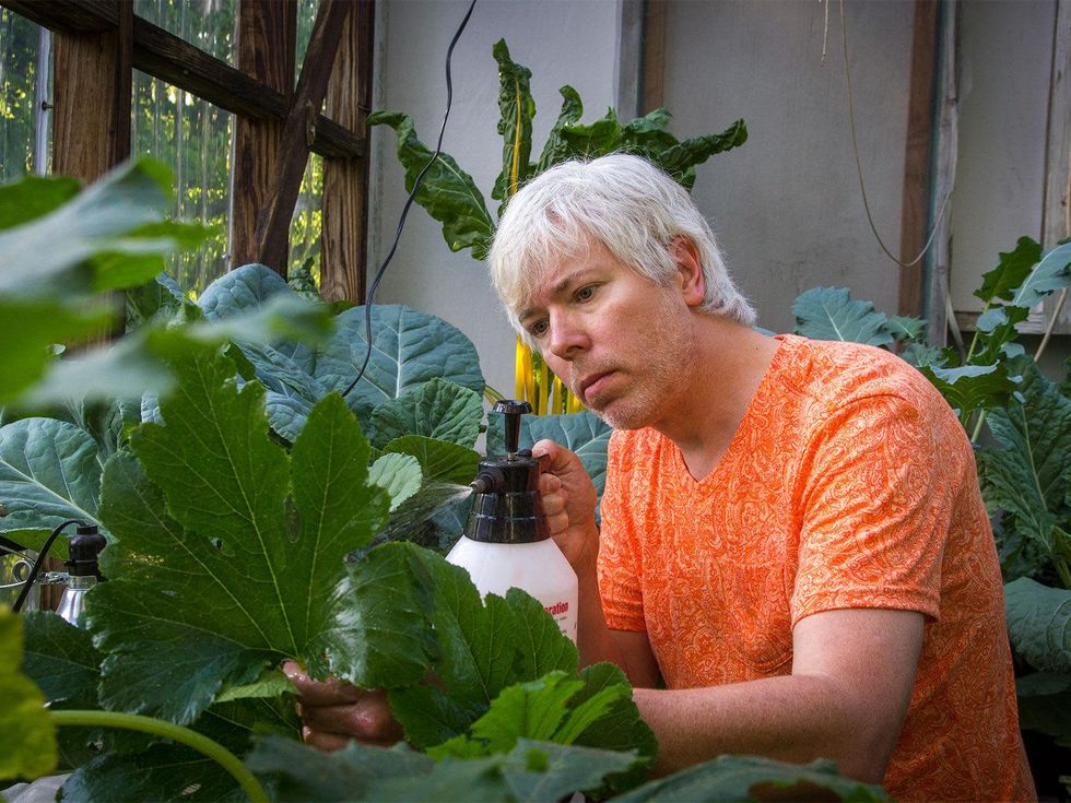 Photo of Marshall Hinsley spraying plants with soapy water