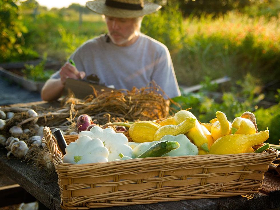 Photo of Marshall Hinsley with harvest and clipboard