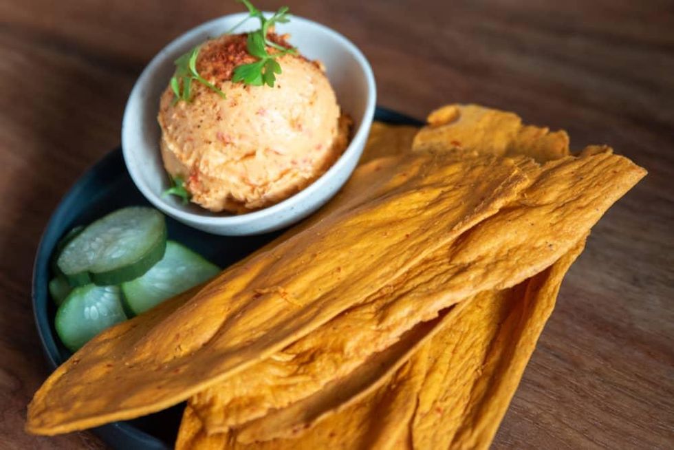Pimento cheese with cucumbers and plantain chips.