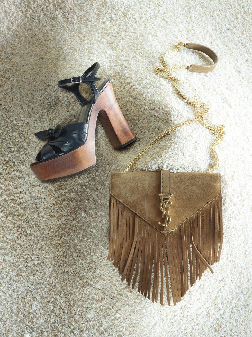 Platform sandal and fringe bag