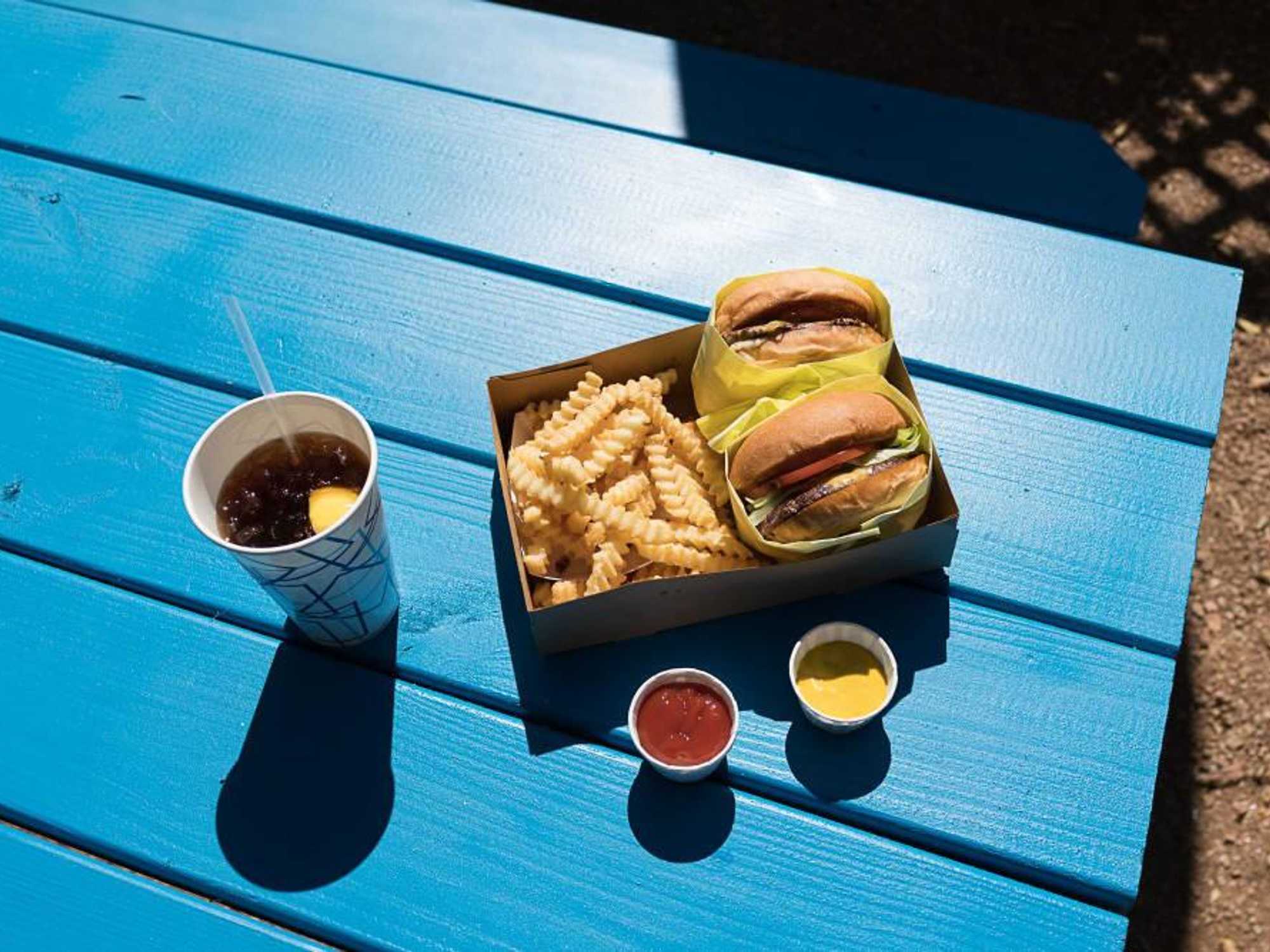 Pool Burger hamburger overhead shot Austin