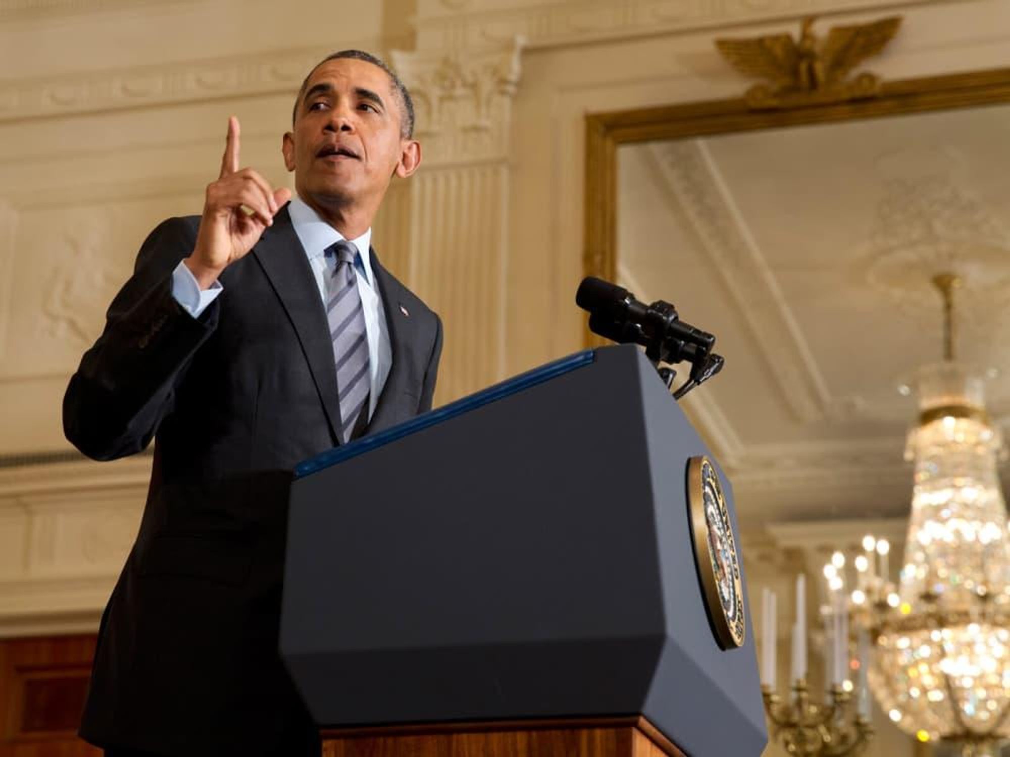 President Barack Obama speaking in East Room White House January 2014