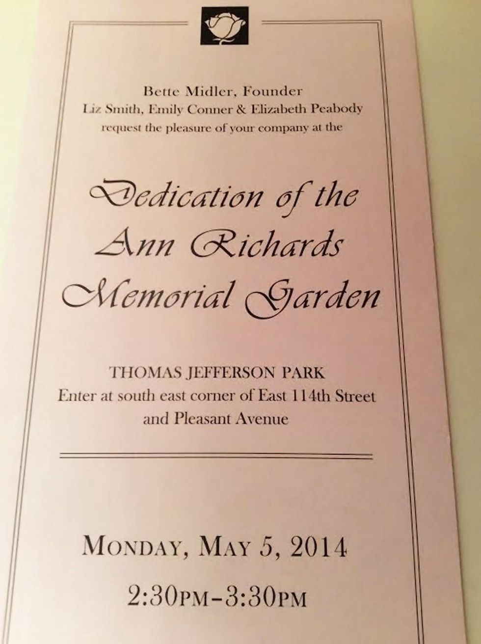 Program Ann Richards Memorial Garden in New York May 2014
