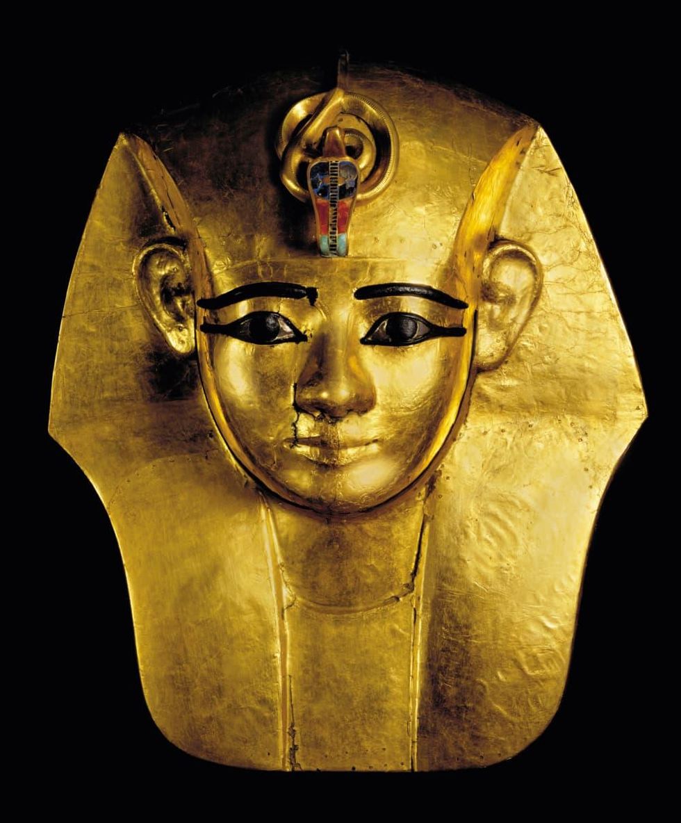 Ramses the Great and the Gold of the Pharaohs Houston Museum of Natural Science Gold Mask from king's Wooden Coffin- Inlaid Uraeus