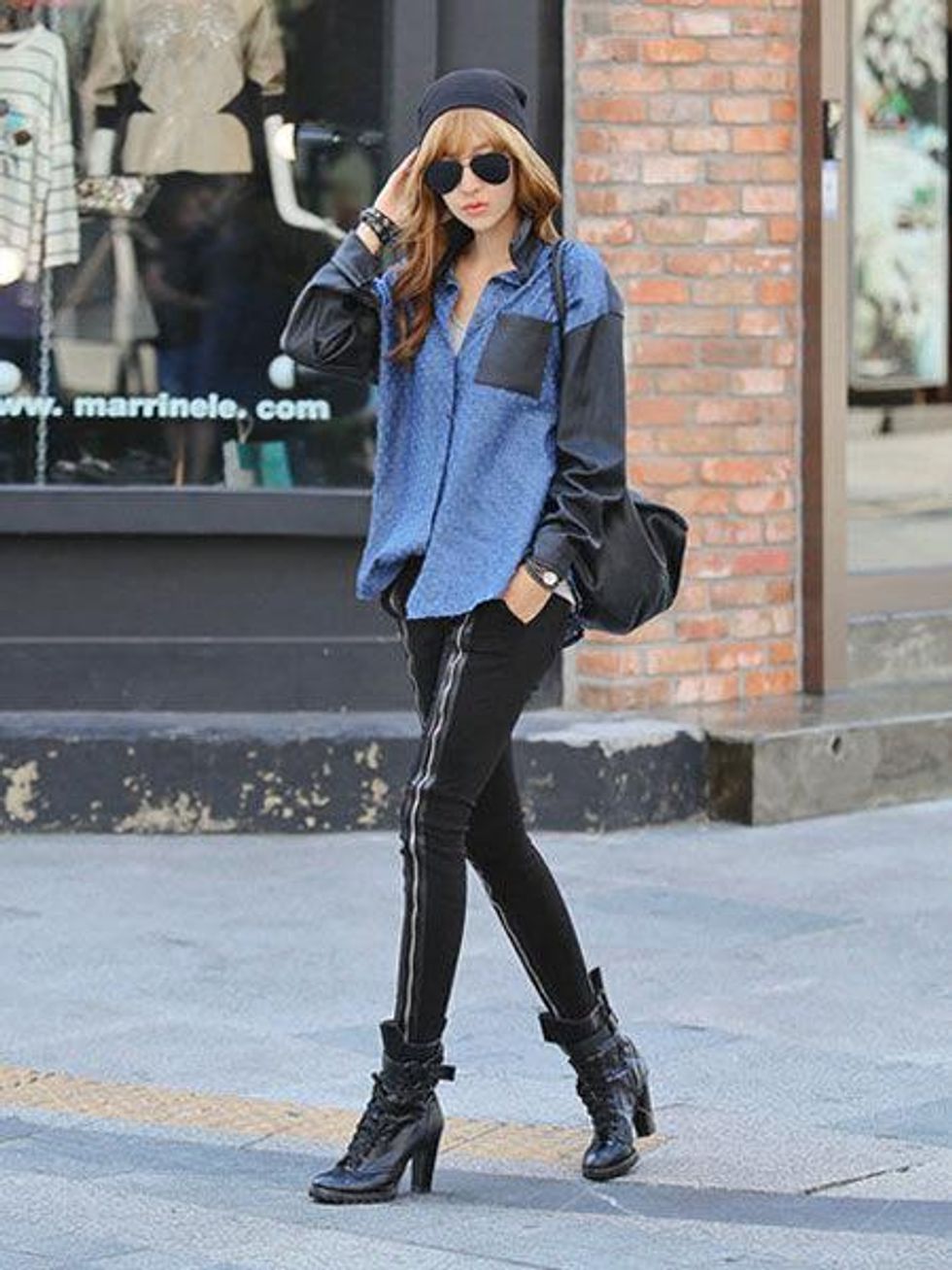 REDOPIN Faux-Leather Trim Perforated Denim Shirt