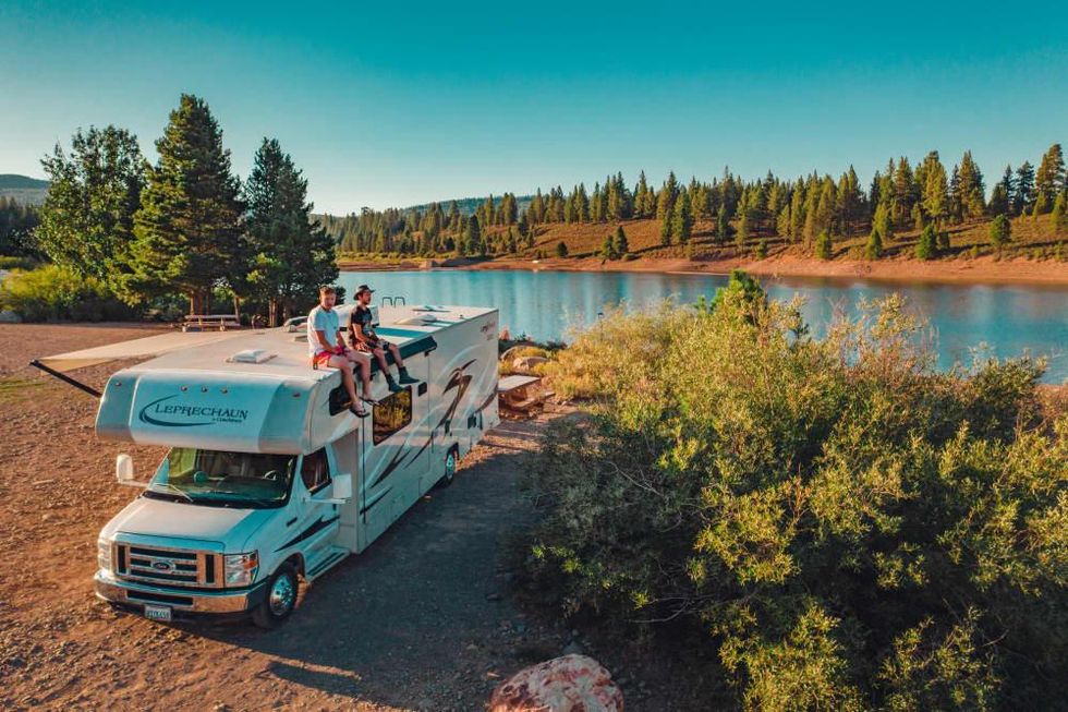 RV parked by a lake