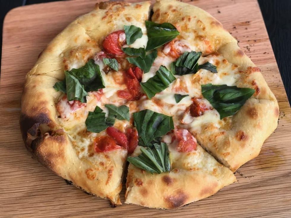 Saint Arnold beer garden margherita pizza