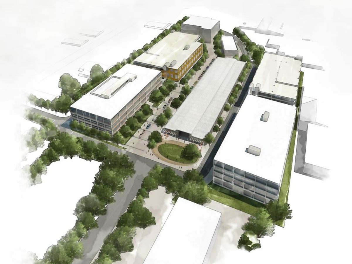 An aerial rendering of Saint Elmo shows the office and largescale