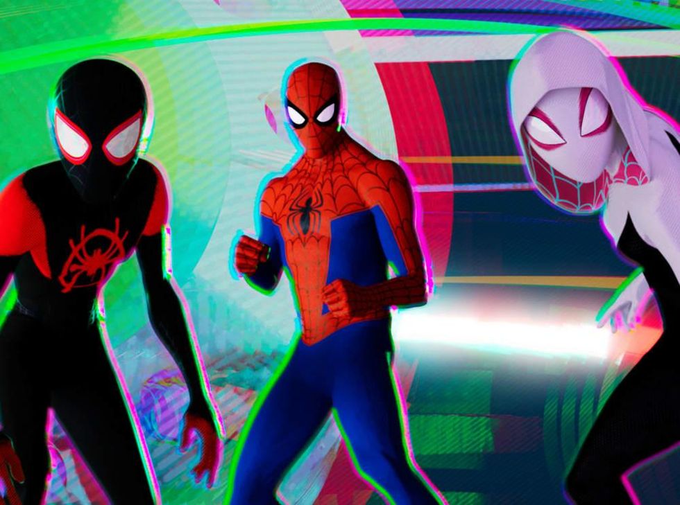 Spider-Man, Miles Morales, and Spider-Gwen in Spider-Man: Into the Spider-Verse