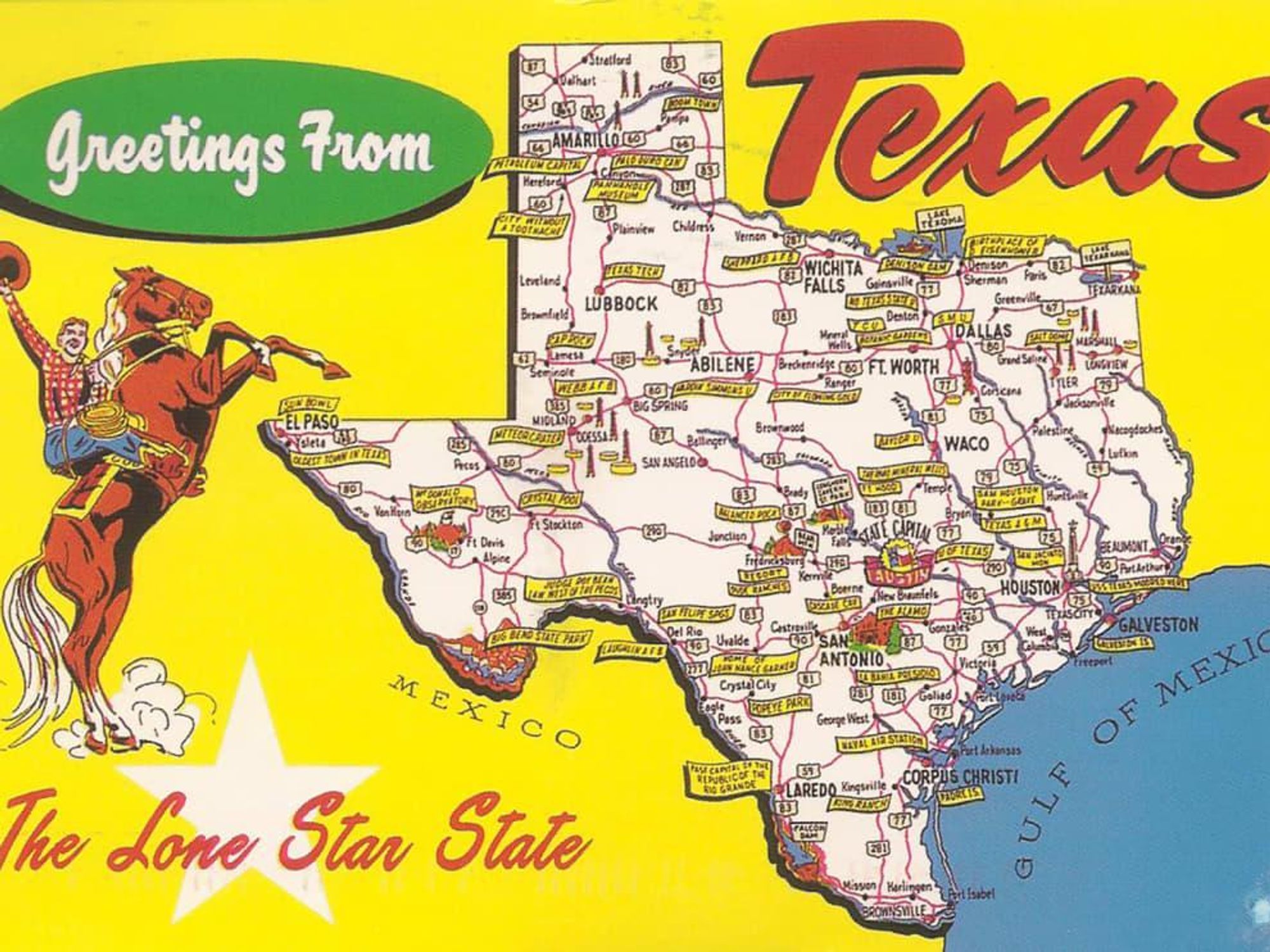 Texas, postcard, state map, greetings