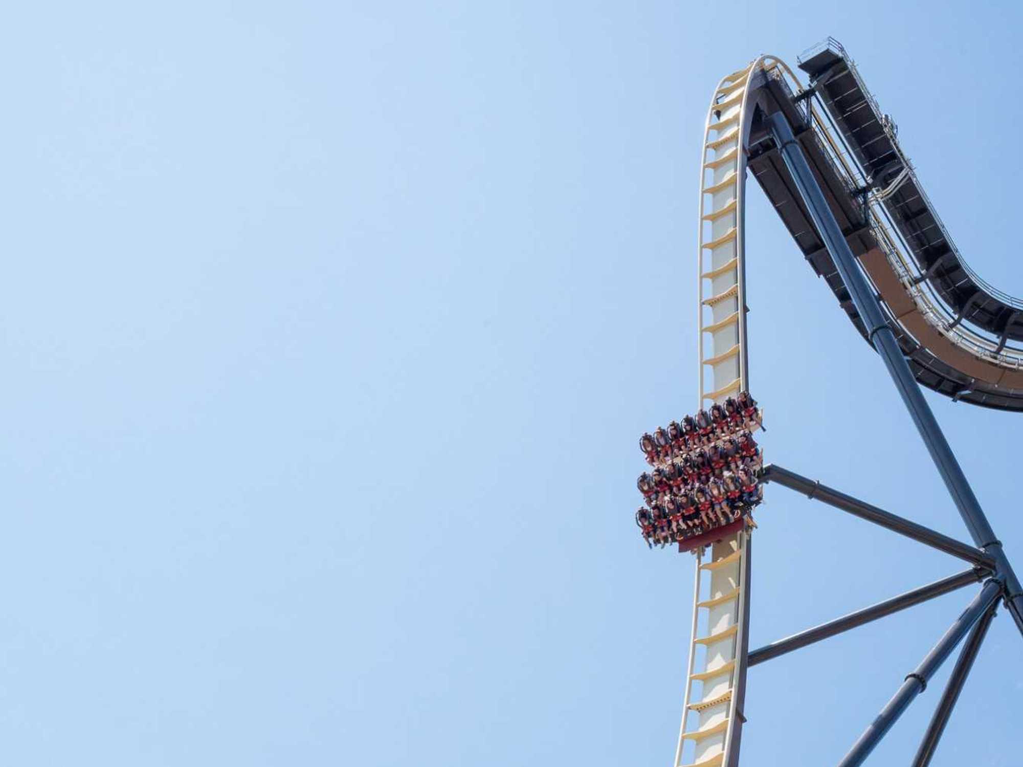 The 95-degree, 285-foot drop of Tormenta Rampaging Run.