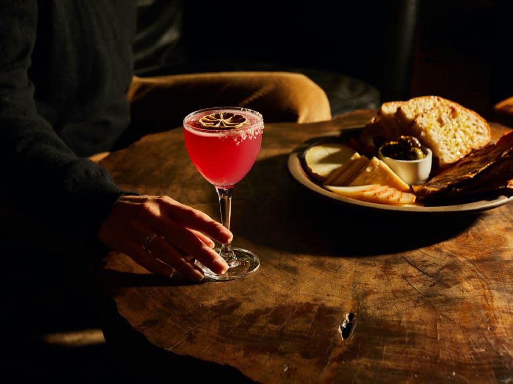 The Piedra de Sol Tequila, a habanero-hibiscus reduction with lime and smoked salt, now on the cocktail menu at Carpenter Coffee Bar.