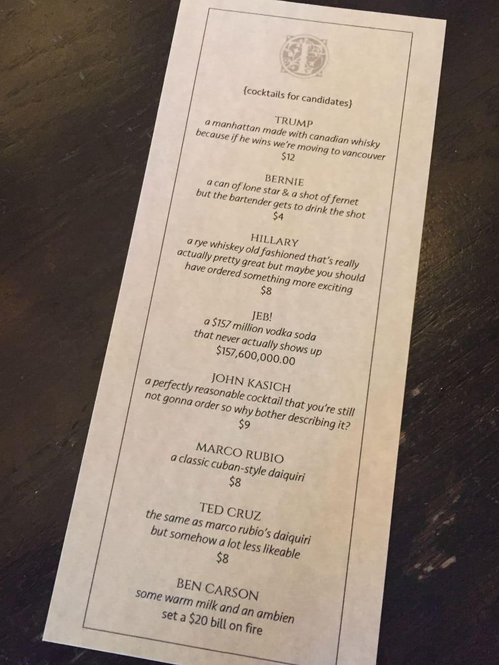 The Townsend bar Super Tuesday Paramount Theater debate themed cocktail menu 2016