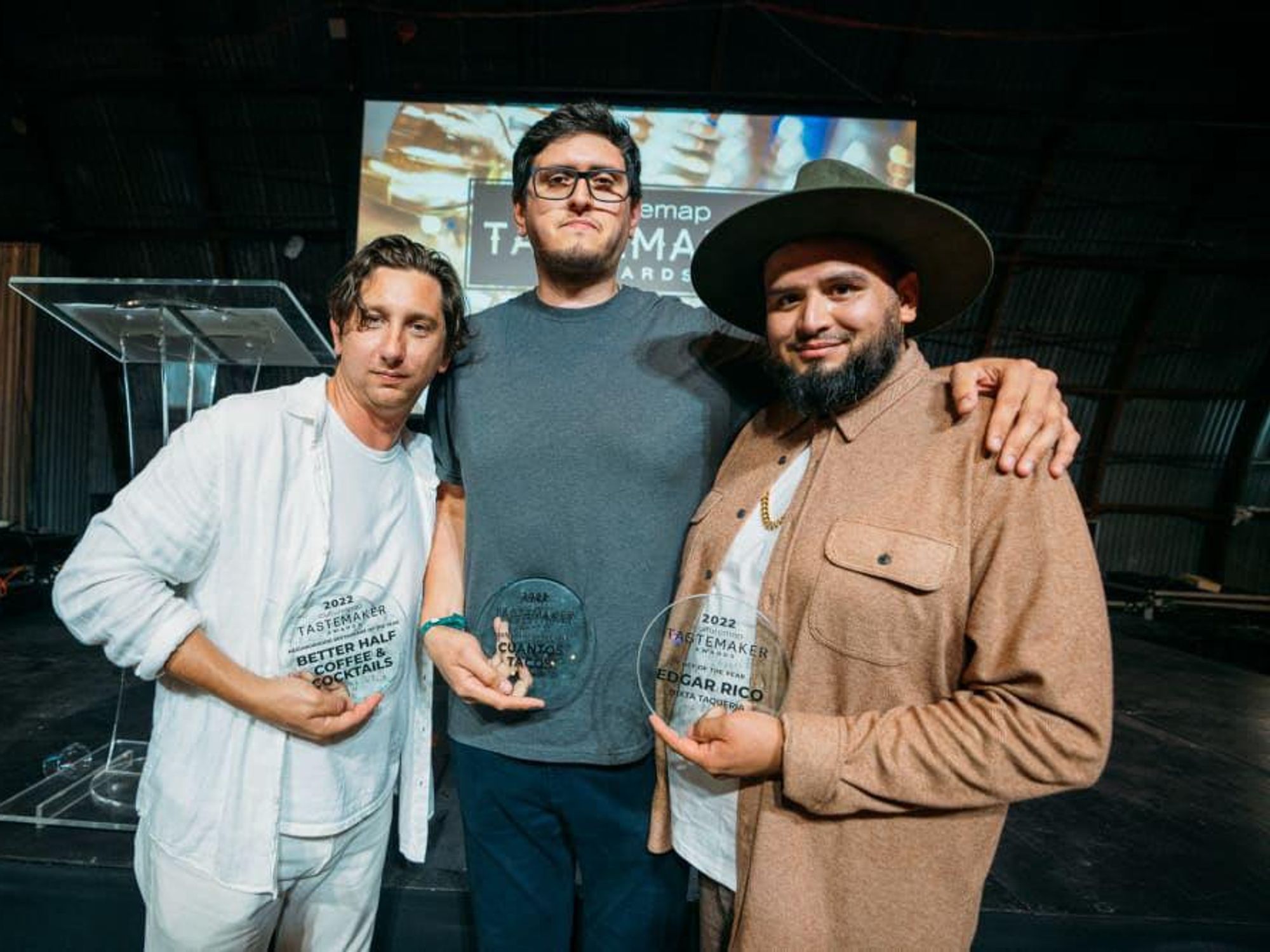 Three Tastemakers winners, Matthew Bolick (Better Half Coffee & Cocktails), Luis Robledo (Cuantos Tacos), and Edgar Rico (Nixta Taqueria).