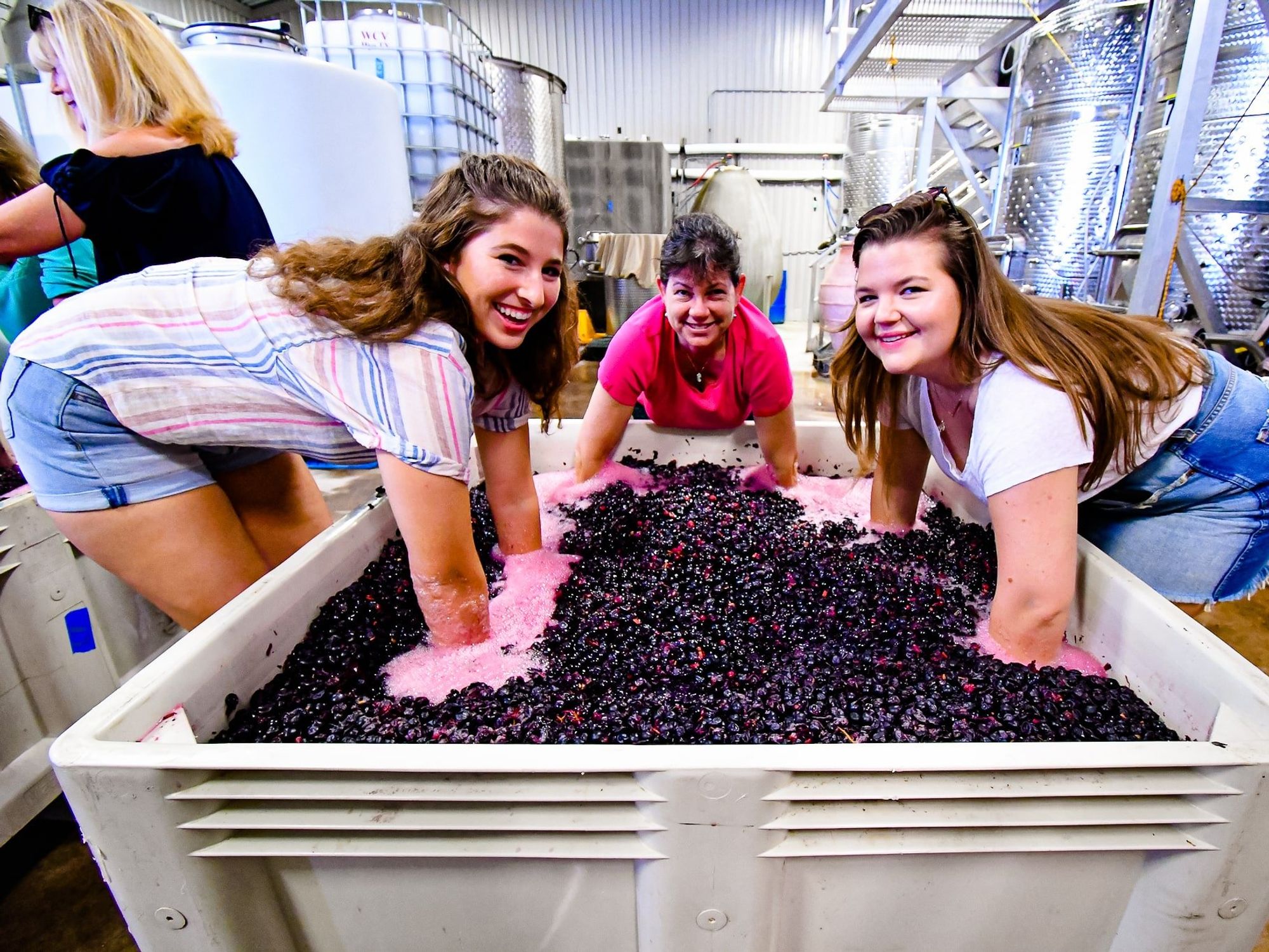 Three women dip their hands in a container full of grapes