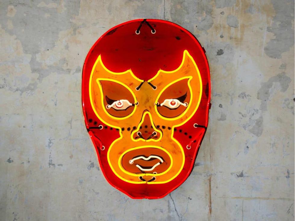 Todd Sanders luchador mask neon light sign Pop Austin International Art Show 2015