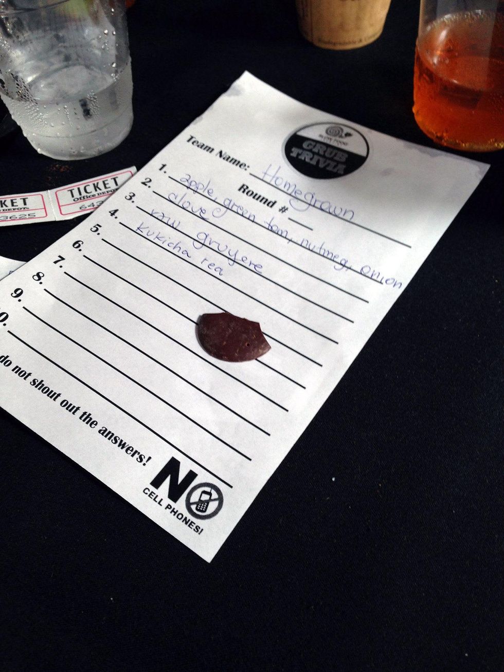 Trivia sheet at Slow Food Austin Grub Trivia