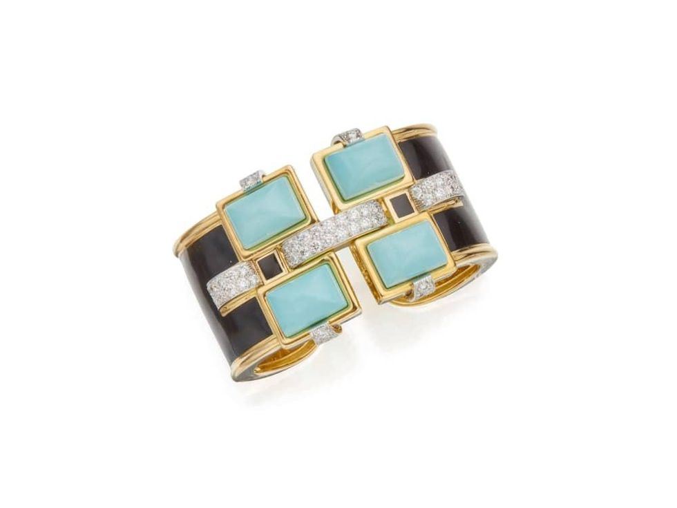 Turquoise, Enamel and Diamond \u2018Bastille\u2019 Cuff-Bracelet, David Webb, Anne Marion