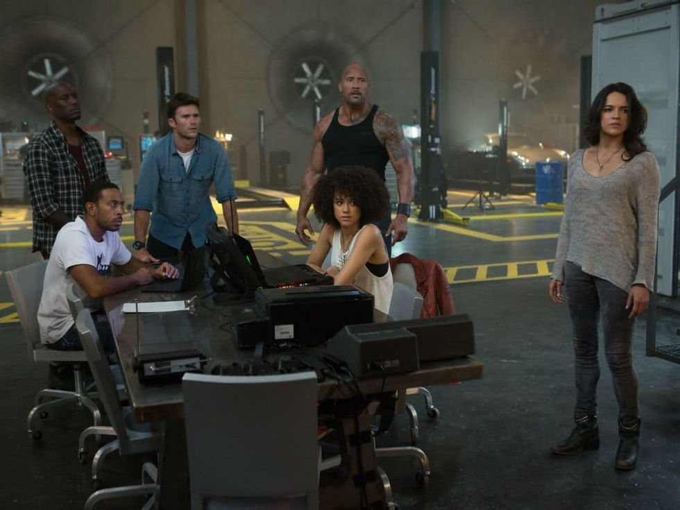 Tyrese Gibson, Chris "Ludacris" Bridges, Scott Eastwood, Dwayne Johnson, Nathalie Emmanuel, and Michelle Rodriguez in The Fate of the Furious