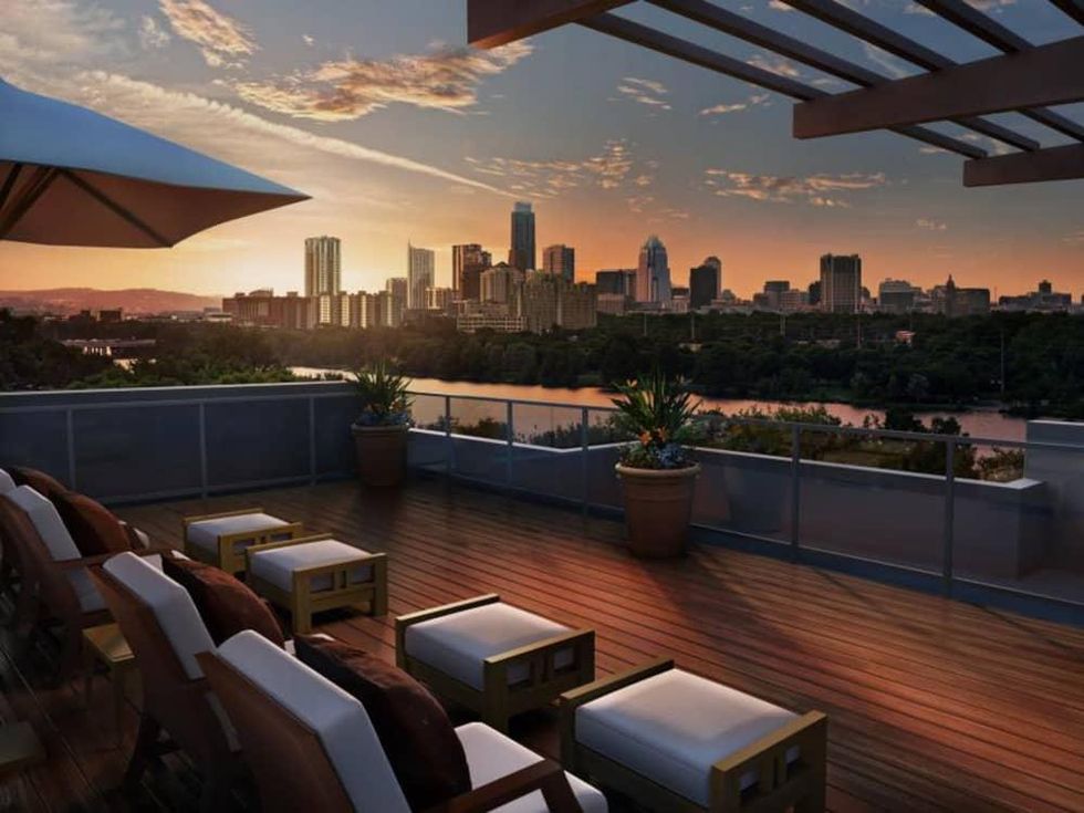 View of Downtown Austin across Lady Bird Lake from South Shore District