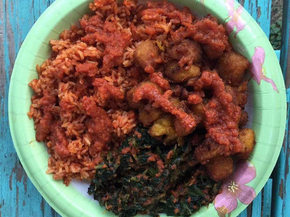 Many entrees at Wasota African Cuisine come with jollof rice and fried