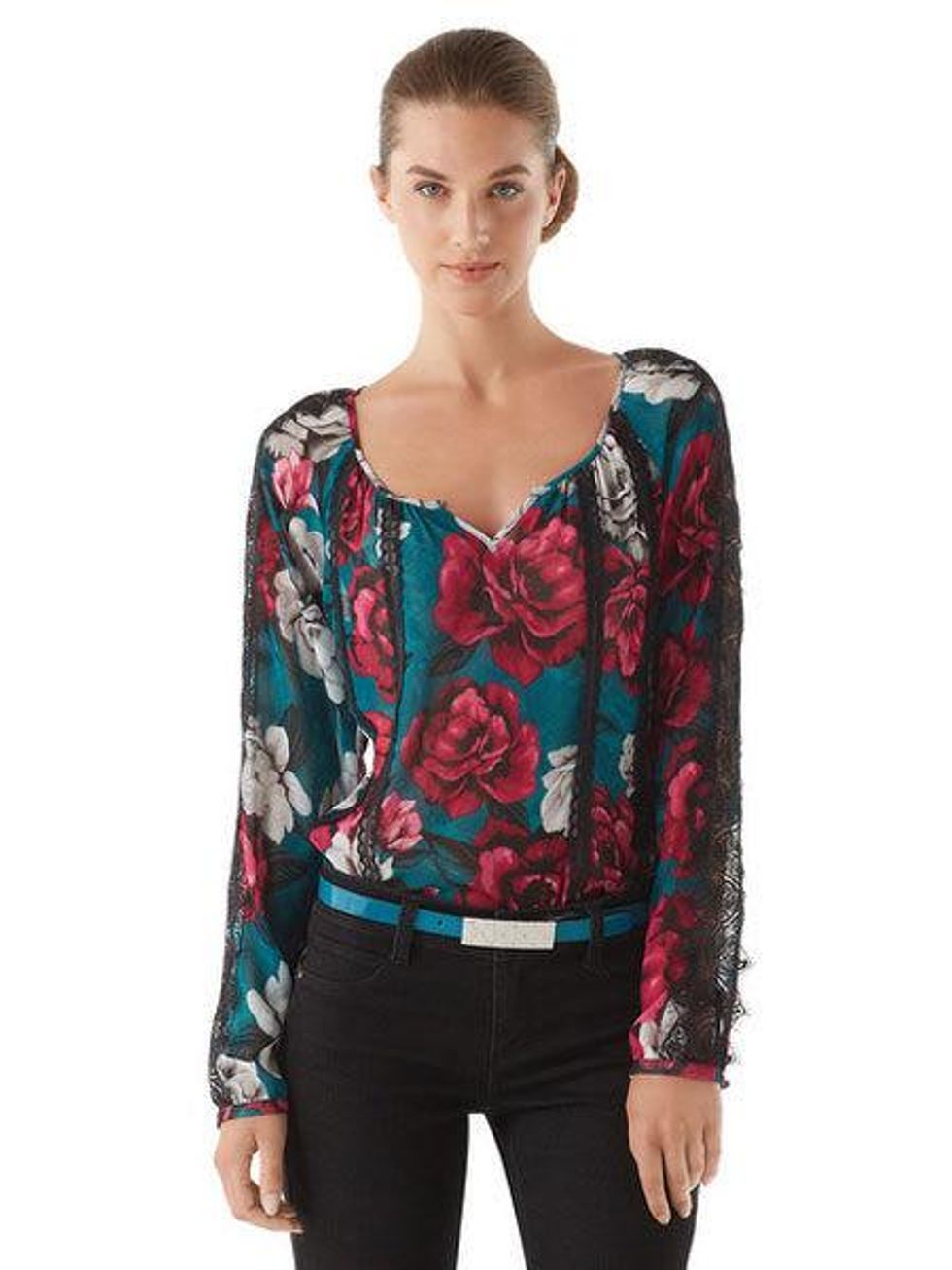 white house black market FLORAL LACE BOHO BLOUSE