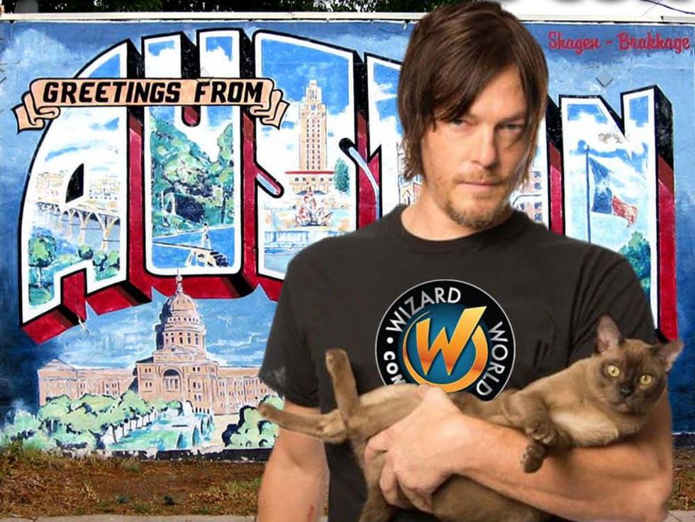 Wizard World Austin Comic Con promo photo of Norman Reedus holding a cat