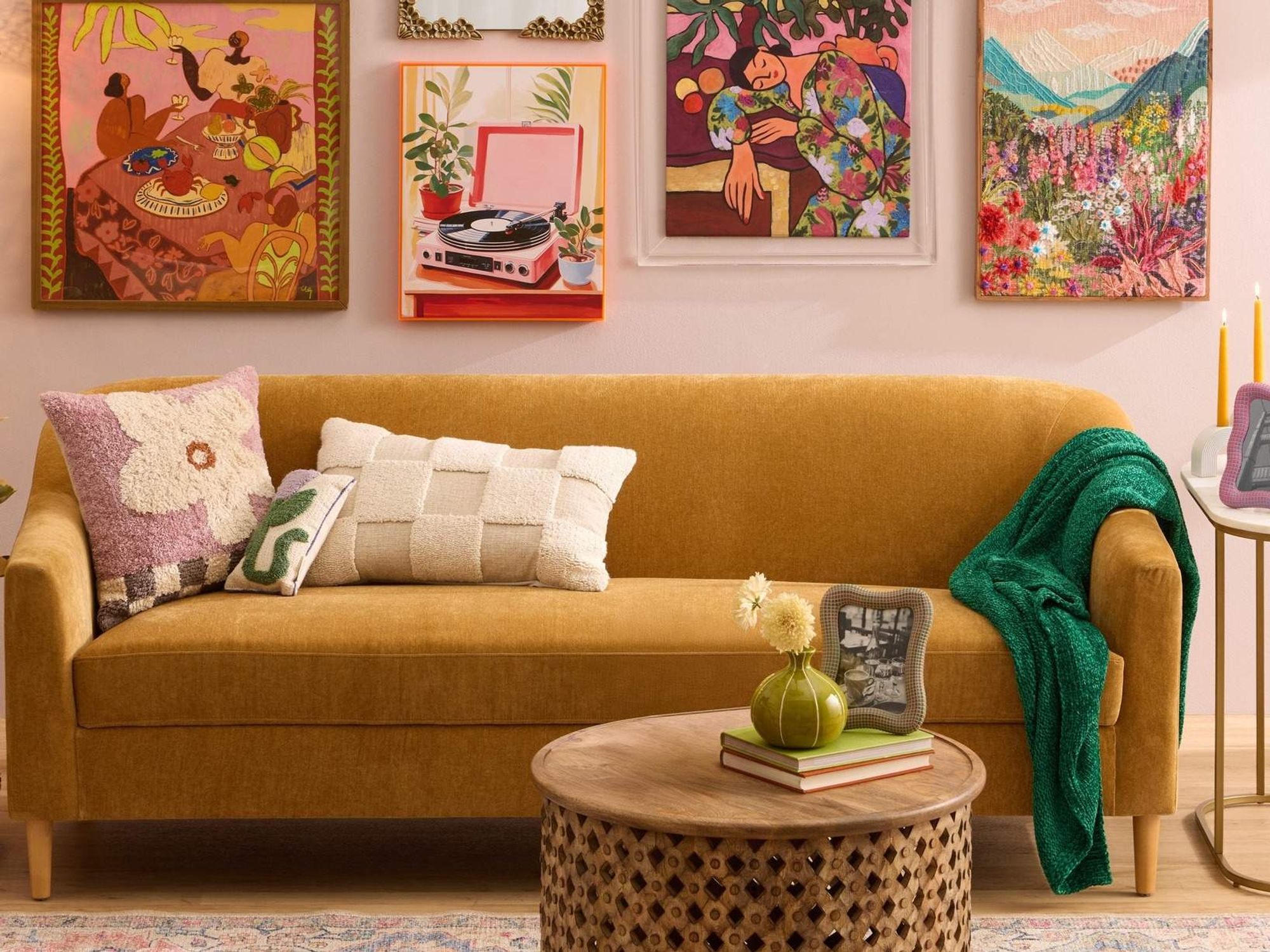 World Market couch and wall art