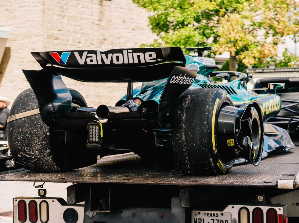 Wrecked Aston Martin F1 car driven by Lance Stroll. Formula 1 United States Grand Prix at Circuit of the Americas in Austin 2025