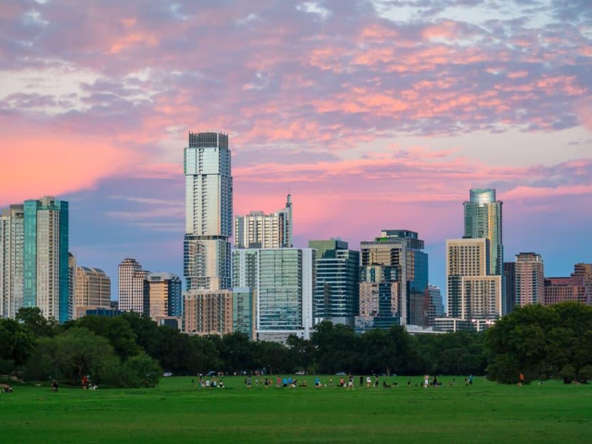 Zilker Park Austin skyline at sunset