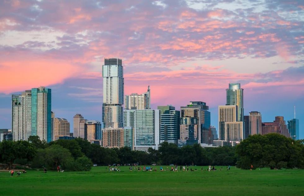 Zilker Park Austin skyline at sunset