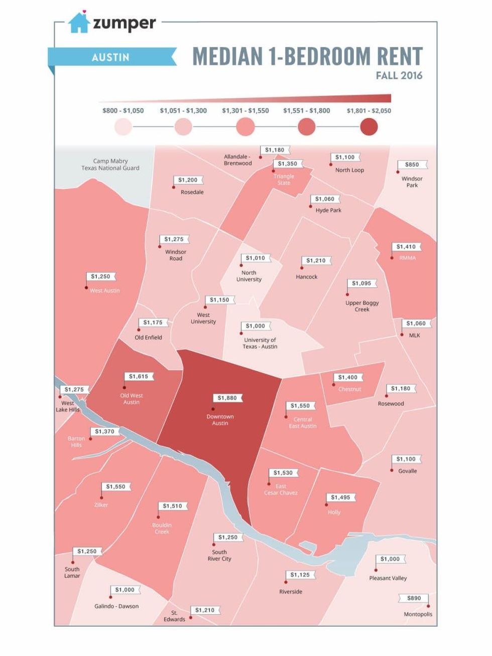 Zumper Austin rent map fall 2016