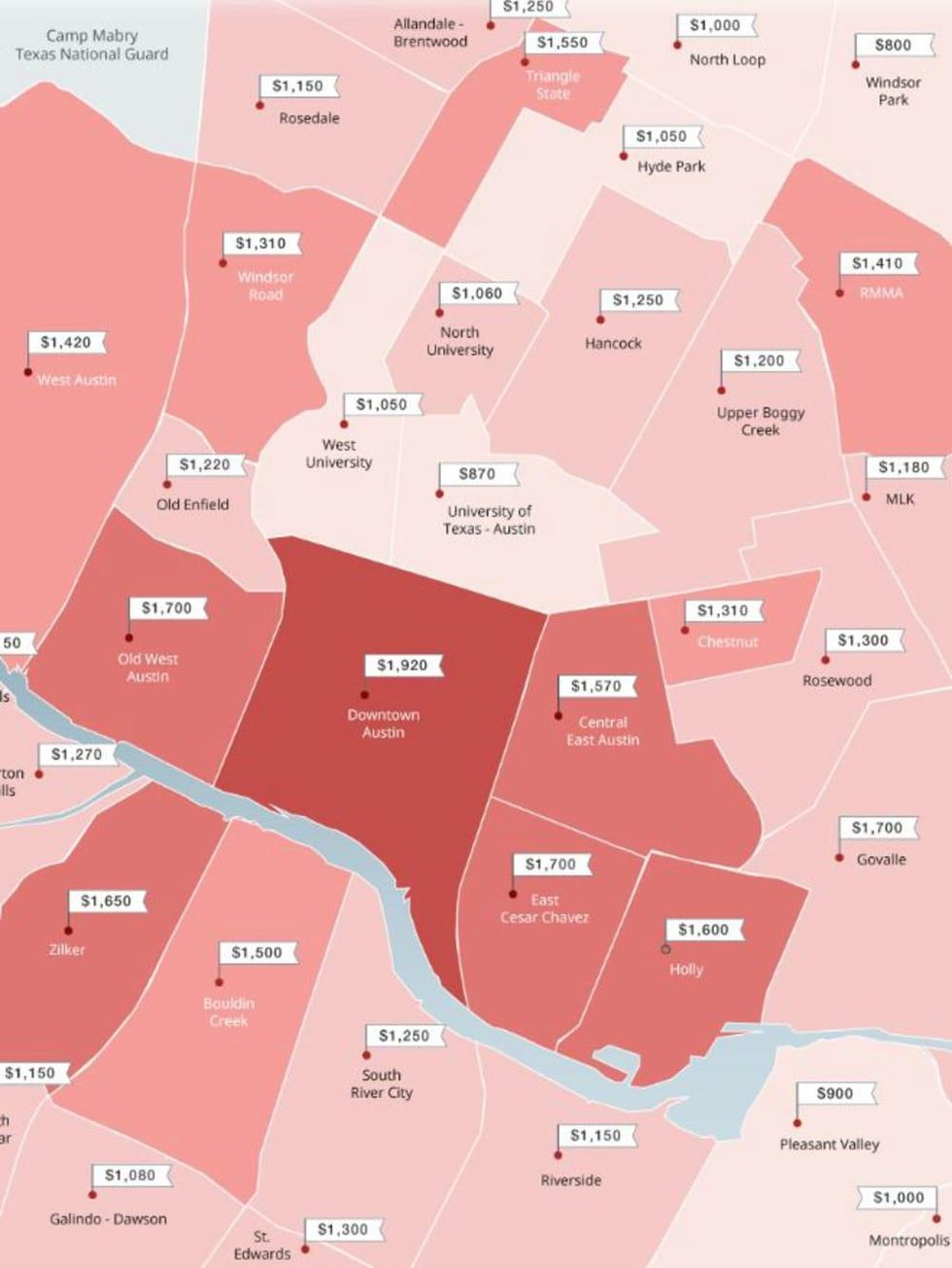 Zumper rental map report Austin most least expensive neighborhoods December 2015