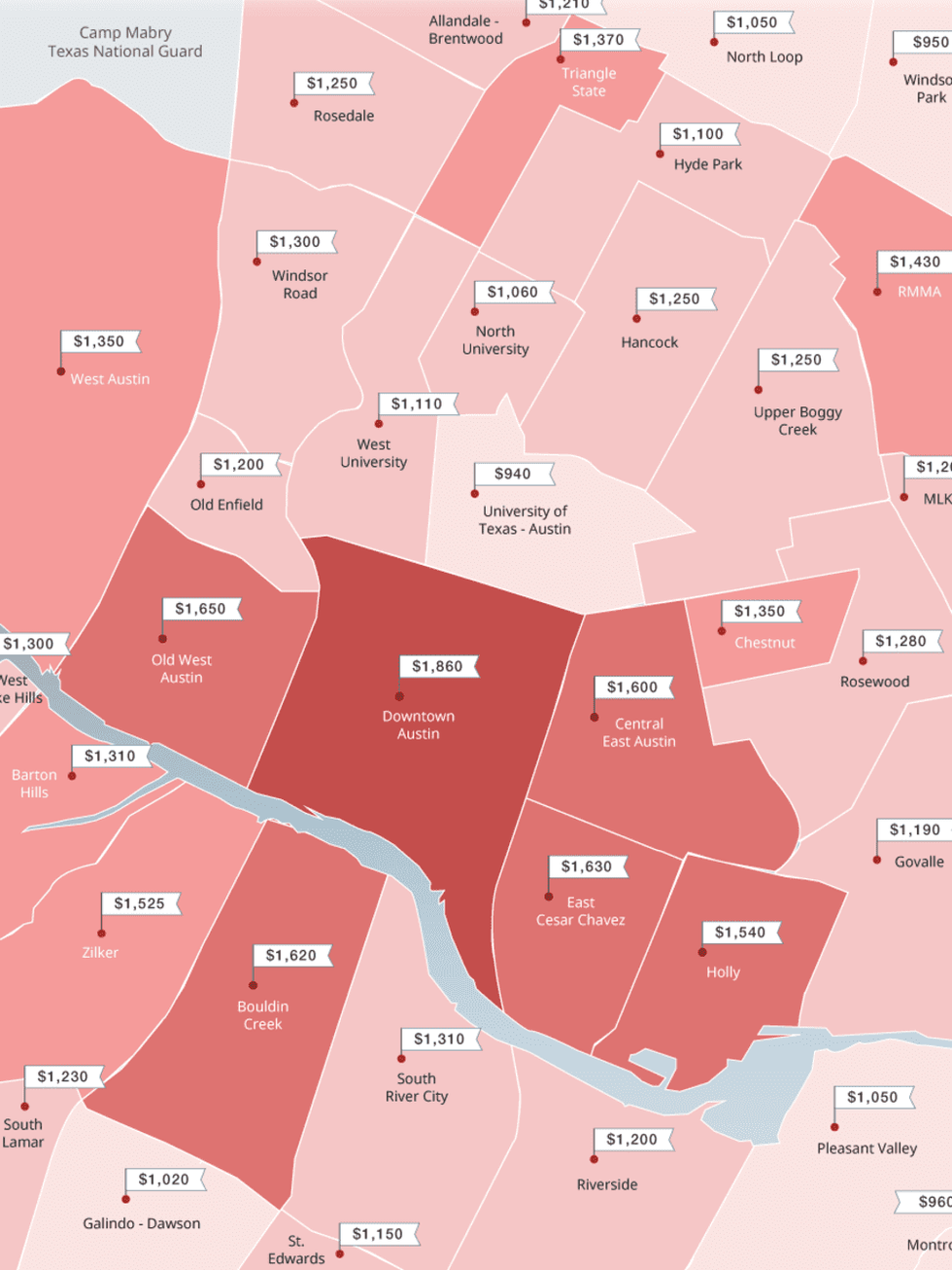 Zumper rental map report Austin most least expensive neighborhoods July 2015